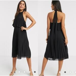 NWT ASOS Design Halter Tie Pleated Midi Black Dark Romantic Dress Women Size 4